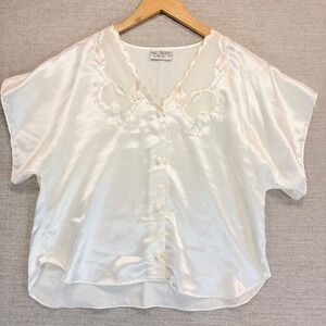 Vintage Val Mode Ivory Satin Embroidered Bed Shirt Top Blouse S Softcore Cottage